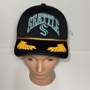Seattle Kraken Mitchell & Ness NHL Mens Hat Black Gold Leaf Trucker Snapback Cap